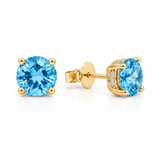 Blue Topaz Stud Earrings with Canadian Diamond Hidden Halo in Yellow Gold