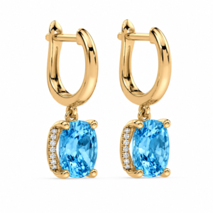 Cushion Cut Blue Topaz and Canadian Diamond Halo Dangle Earrings in Yellow Gold