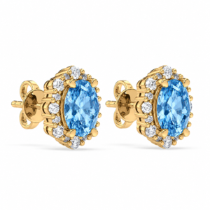 Vintage Inspired Blue Topaz and Canadian Diamond Halo Stud Earrings in Yellow Gold