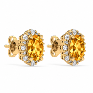 Vintage Inspired Citrine and Canadian Diamond Halo Stud Earrings in Yellow Gold