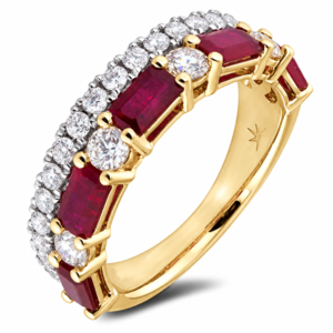 Ruby 1.58 Carat TW and De Beers Forevermark Diamond Double Row Anniversary Ring in 14K Gold