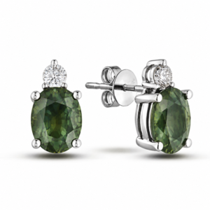 Green Sapphire and Diamond Stud Earrings in Sterling Silver