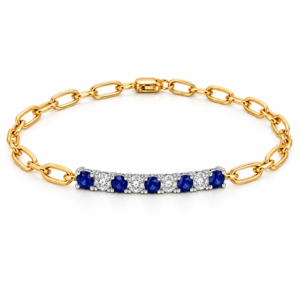 Blue Sapphire and Canadian Diamond Paperclip Bracelet in Yellow and White Gold