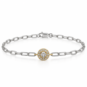 Canadian Diamond Halo Bracelet with Paperclip Chain in Yellow Gold and Sterling Silver