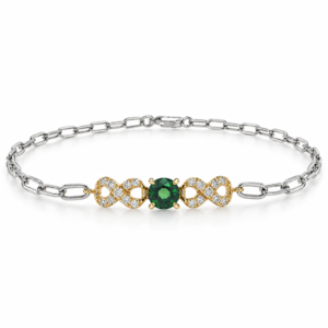 Green Sapphire and Canadian Diamond Infinity Bracelet in Yellow Gold and Sterling Silver