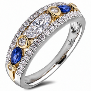 Blue Sapphire and Canadian Diamond Anniversary Ring in Yellow Gold and Sterling Silver