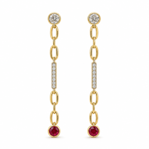 Ruby and Canadian Diamond Stud Linear Drop Earrings in Yellow and White Gold
