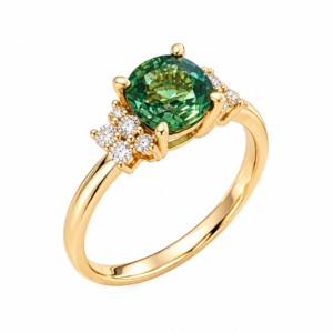 Green Sapphire 1.12 Carat and Canadian Diamond Floral Cluster Ring in Yellow Gold