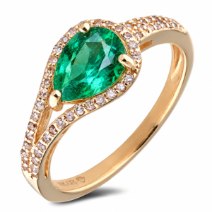 Emerald and Canadian Diamond Split Shank Halo Ring in Yellow Gold