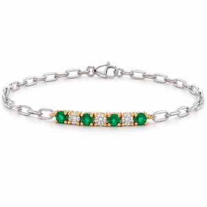 Emerald and Canadian Diamond Paperclip Chain Bracelet in Yellow Gold and Sterling Silver