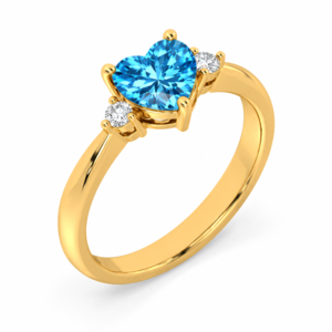 Heart Shaped 1.63 Carat Blue Topaz and Canadian Diamond Three Stone Ring in Yellow Gold
