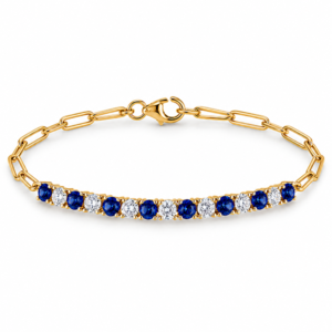 Canadian Diamond and 0.82 Carat TW Blue Sapphire Paperclip Bracelet in Yellow and White Gold