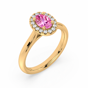 Tanzanian Origin Non Heated Pink Sapphire & Canadian Diamond Halo Ring in Yellow Gold