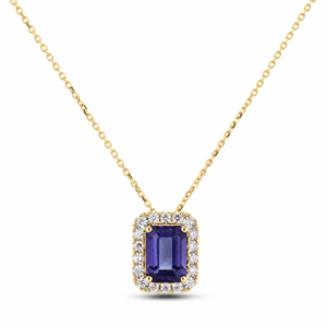 Emerald Shape Iolite and Canadian Diamond Halo Pendant in Yellow Gold