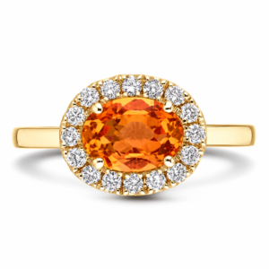 Oval Shaped Orange Sapphire and Canadian Diamond Halo Ring in Yellow Gold