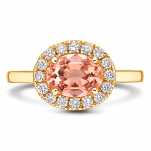 Oval Shaped Morganite and Canadian Diamond Halo Ring in Yellow Gold