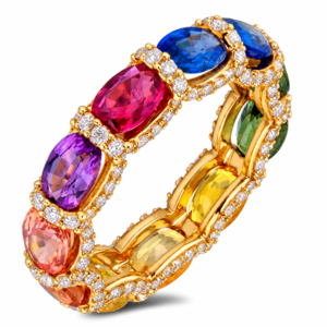 Rainbow Sapphire And Diamond Eternity Ring In 14K Yellow Gold