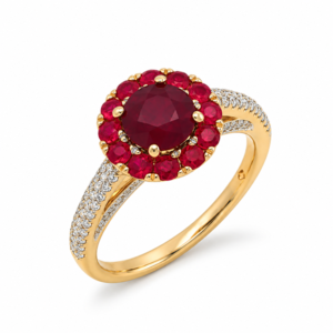 Thailand Origin 1.32 Carat TW Ruby Floral Halo Diamond Ring in 18K Yellow Gold