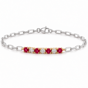 Ruby and Canadian Diamond Paperclip Chain Bracelet in Yellow Gold and Sterling Silver