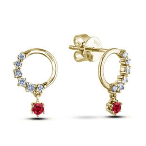 Canadian Diamonds and Ruby Drop Stud Earrings in Yellow Gold