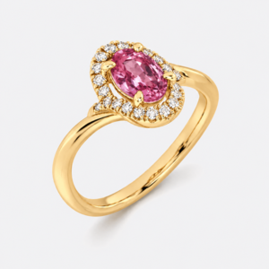 Oval Pink Sapphire and Canadian Diamond Halo Ring in Yellow Gold