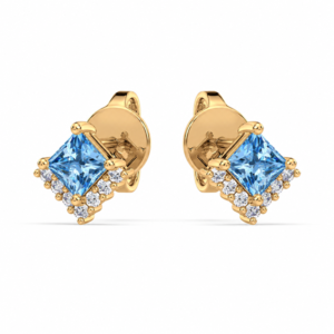 Princess Cut Blue Topaz and Diamond Chevron Stud Earrings in Yellow Gold
