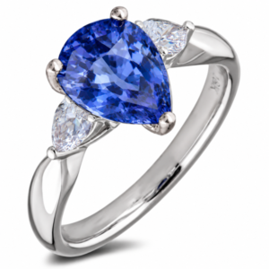 Ceylon Origin Pear Shape Blue Sapphire and De Beers Origin Diamond Ring in 18K White Gold