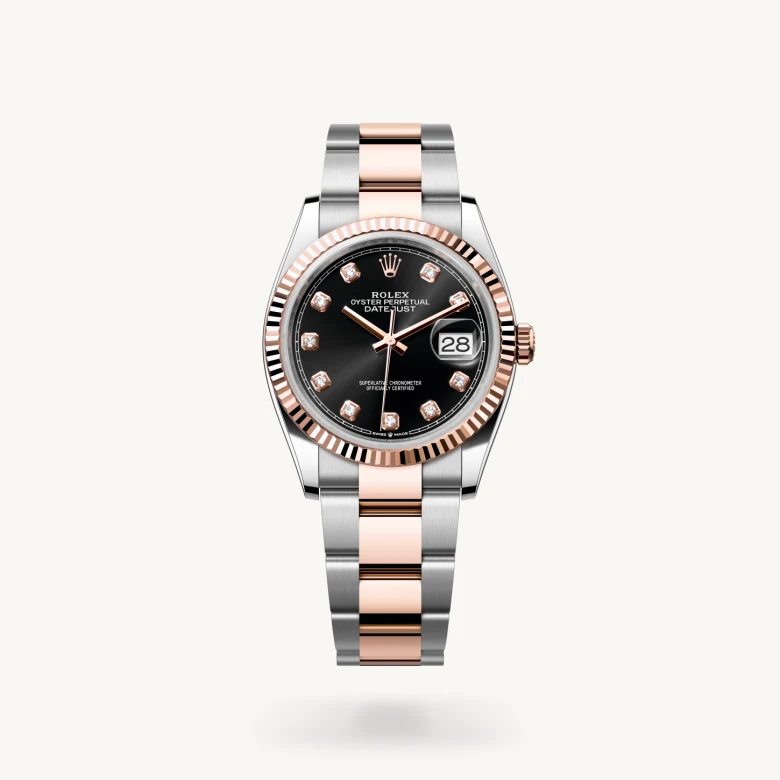 Rolex Datejust 36 in Everose Rolesor - combination of Oystersteel and Everose gold with Bright black set with diamonds dial, Fluted bezel, and Everose Rolesor - combination of Oystersteel and Everose gold bracelet
