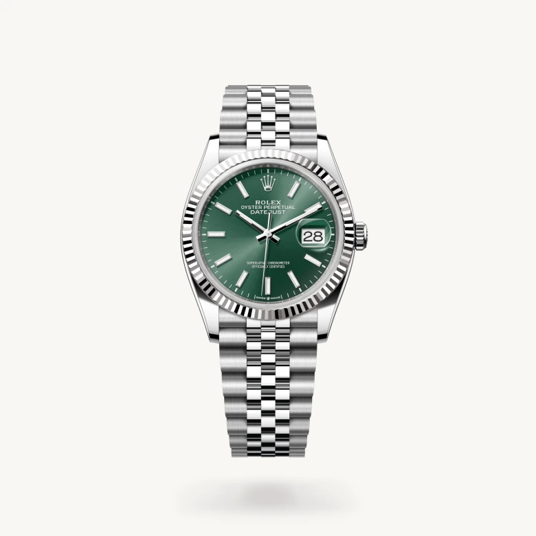 Rolex Datejust 36 in White Rolesor - combination of Oystersteel and white gold with Mint green dial, Fluted bezel, and Oystersteel bracelet