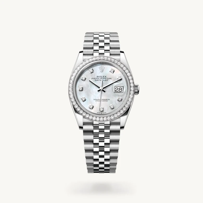Rolex Datejust 36 in White Rolesor - combination of Oystersteel and white gold with White mother-of-pearl set with diamonds dial, Set with diamonds bezel, and Oystersteel bracelet