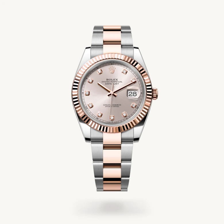 Rolex Datejust 41 in Everose Rolesor - combination of Oystersteel and Everose gold with Sundust set with diamonds dial, Fluted bezel, and Everose Rolesor - combination of Oystersteel and Everose gold bracelet