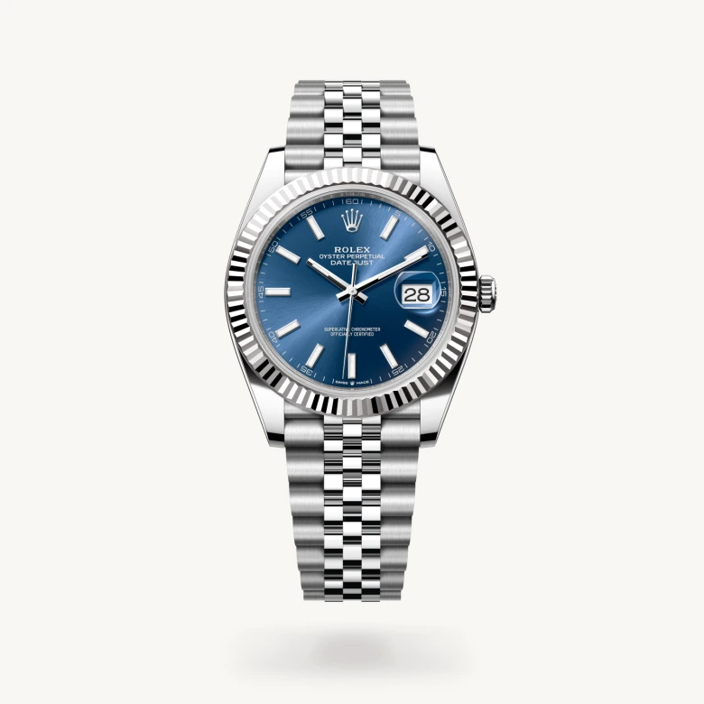 Rolex Datejust 41 in White Rolesor - combination of Oystersteel and white gold with Bright blue dial, Fluted bezel, and Oystersteel bracelet