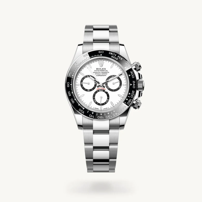 Rolex Cosmograph Daytona in Oystersteel with White, black counter rings dial, Black monobloc Cerachrom bezel in ceramic with moulded tachymetric scale bezel, and Oystersteel bracelet