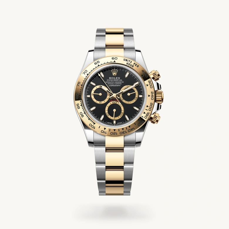 Rolex Cosmograph Daytona in Yellow Rolesor - combination of Oystersteel and yellow gold with Black, golden counter rings dial, Fixed, with engraved tachymetric scale, in yellow gold bezel, and Yellow Rolesor - combination of Oystersteel and yellow gold bracelet
