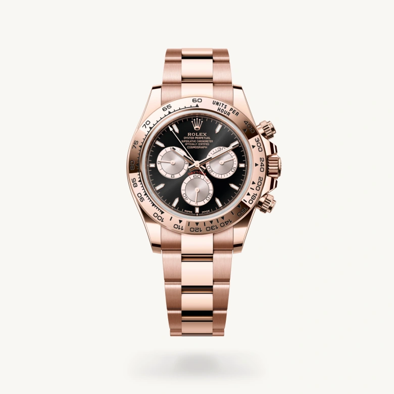 Rolex Cosmograph Daytona in 18 ct Everose gold with Bright black and Sundust dial, Fixed, with engraved tachymetric scale, in 18 ct Everose gold bezel, and 18 ct Everose gold bracelet