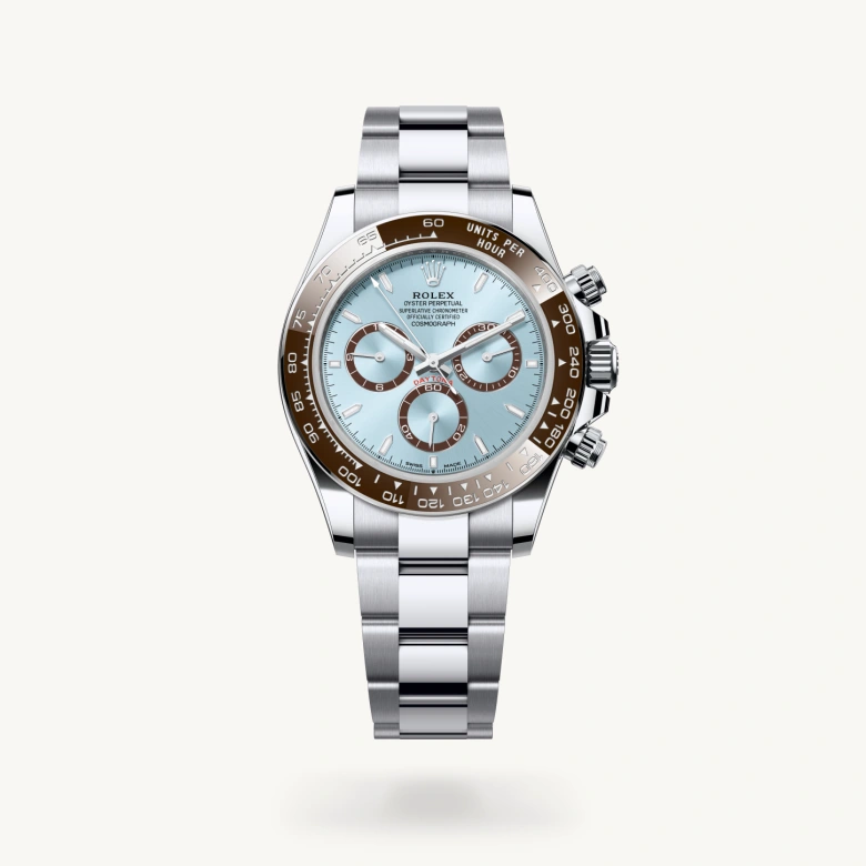 Rolex Cosmograph Daytona in Platinum with Ice blue, chestnut brown counter rings dial, Chestnut brown monobloc Cerachrom bezel in ceramic with moulded numerals and graduations bezel, and Platinum bracelet