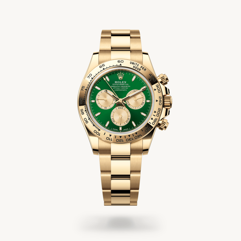Rolex Cosmograph Daytona in 18 ct yellow gold with Bright green and golden dial, Fixed, with engraved tachymetric scale, in 18 ct yellow gold bezel, and 18 ct yellow gold bracelet