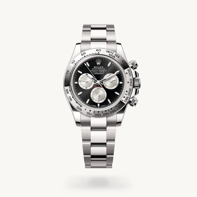 Rolex Cosmograph Daytona in 18 ct white gold with Bright black and steel dial, Fixed, with engraved tachymetric scale, in 18 ct white gold bezel, and 18 ct white gold bracelet