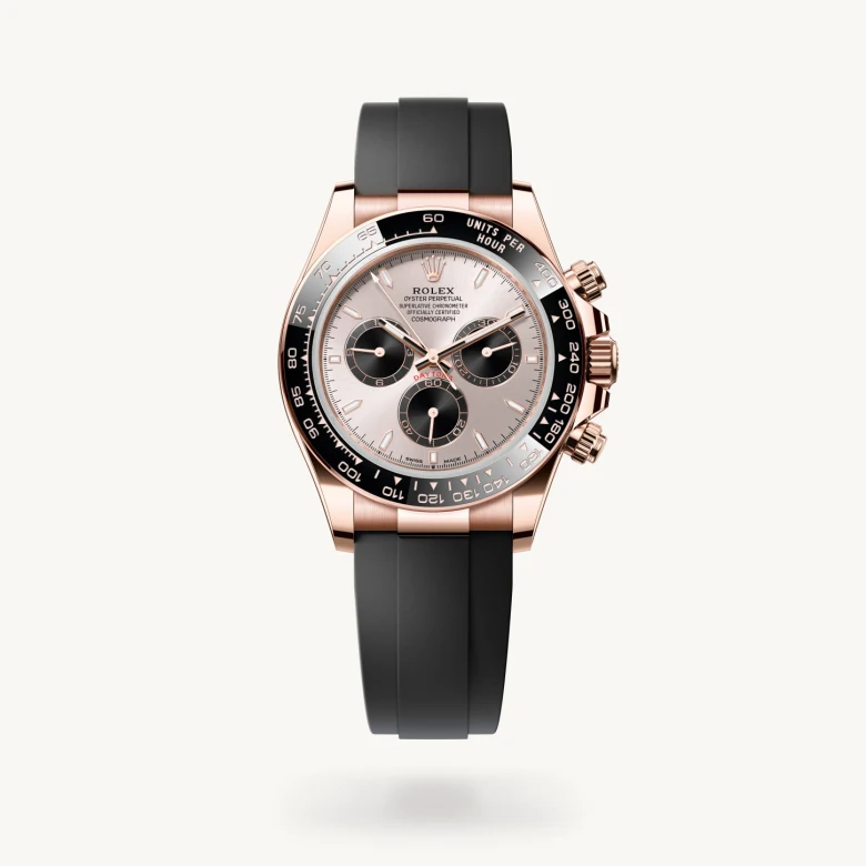 Rolex Cosmograph Daytona in 18 ct Everose gold with Sundust and bright black dial, Black monobloc Cerachrom bezel in ceramic with moulded tachymetric scale bezel, and Flexible metal blades overmoulded with high-performance elastomer bracelet