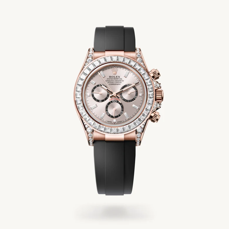 Rolex Cosmograph Daytona in 18 ct Everose gold with lugs set with diamonds with Sundust, bright black counter rings set with diamonds dial, Set with diamonds bezel, and Flexible metal blades overmoulded with high-performance elastomer bracelet