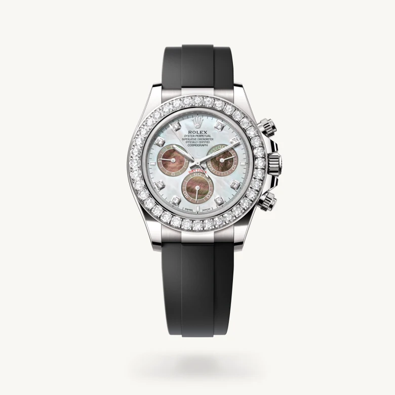 Rolex Cosmograph Daytona in 18 ct white gold with White and black mother-of-pearl set with diamonds dial, Set with diamonds bezel, and Flexible metal blades overmoulded with high-performance elastomer bracelet