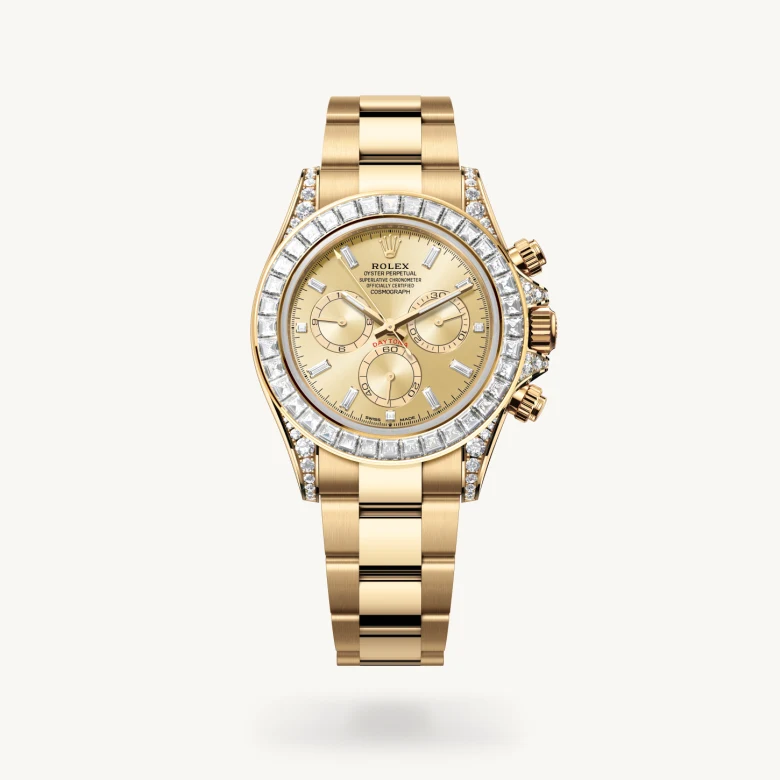 Rolex Cosmograph Daytona in 18 ct yellow gold with lugs set with diamonds with Golden set with diamonds dial, Set with diamonds bezel, and 18 ct yellow gold bracelet
