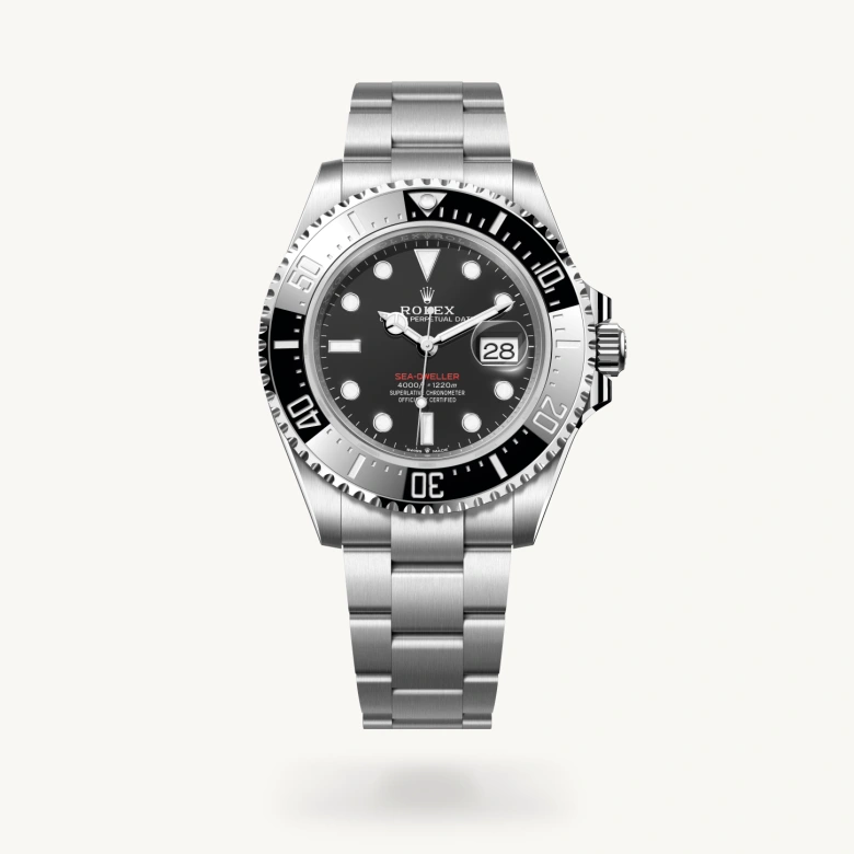 Rolex Sea-Dweller in Oystersteel with Intense black dial, Unidirectional rotatable 60-minute graduated, scratch-resistant Cerachrom insert in black ceramic, numerals and graduations coated in platinum bezel, and Oystersteel bracelet