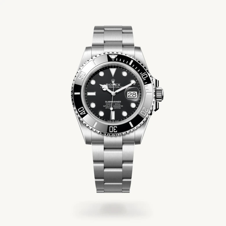 Rolex Submariner Date in Oystersteel with Black dial, Unidirectional rotatable 60-minute graduated, scratch-resistant Cerachrom insert in black ceramic, numerals and graduations coated in platinum bezel, and Oystersteel bracelet