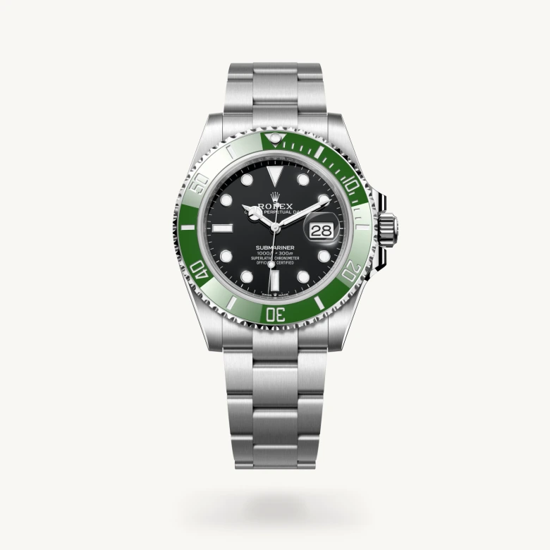 Rolex Submariner Date in Oystersteel with Black dial, Unidirectional rotatable 60-minute graduated, scratch-resistant Cerachrom insert in green ceramic, numerals and graduations coated in platinum bezel, and Oystersteel bracelet