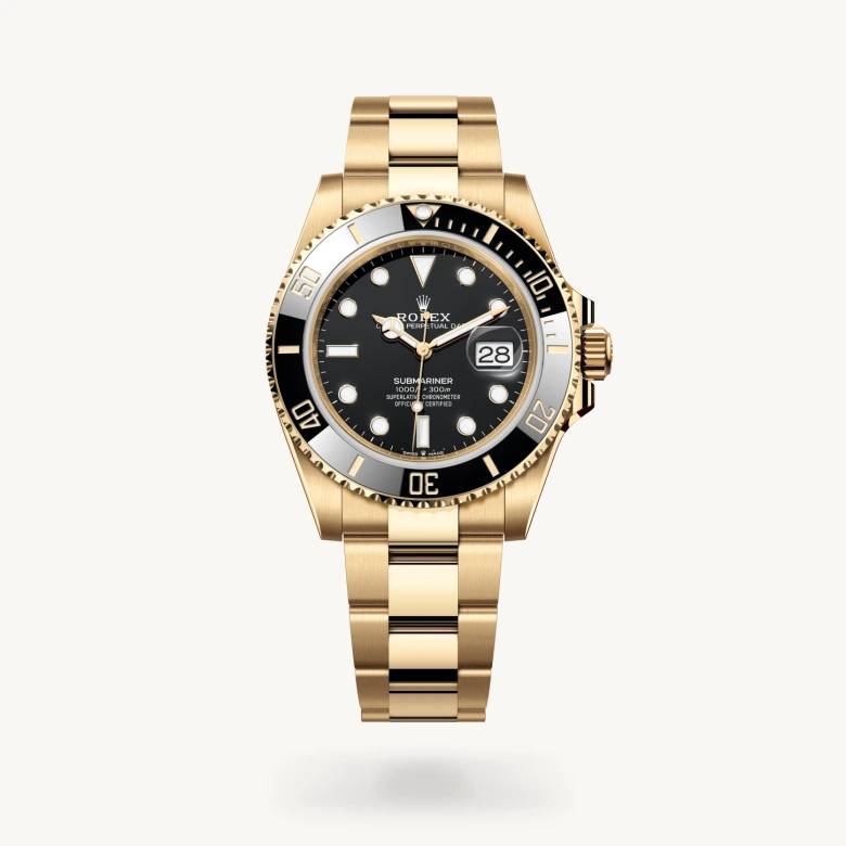 Rolex Submariner Date in 18 ct yellow gold with Black dial, Unidirectional rotatable 60-minute graduated, scratch-resistant Cerachrom insert in black ceramic, numerals and graduations coated in gold bezel, and 18 ct yellow gold bracelet