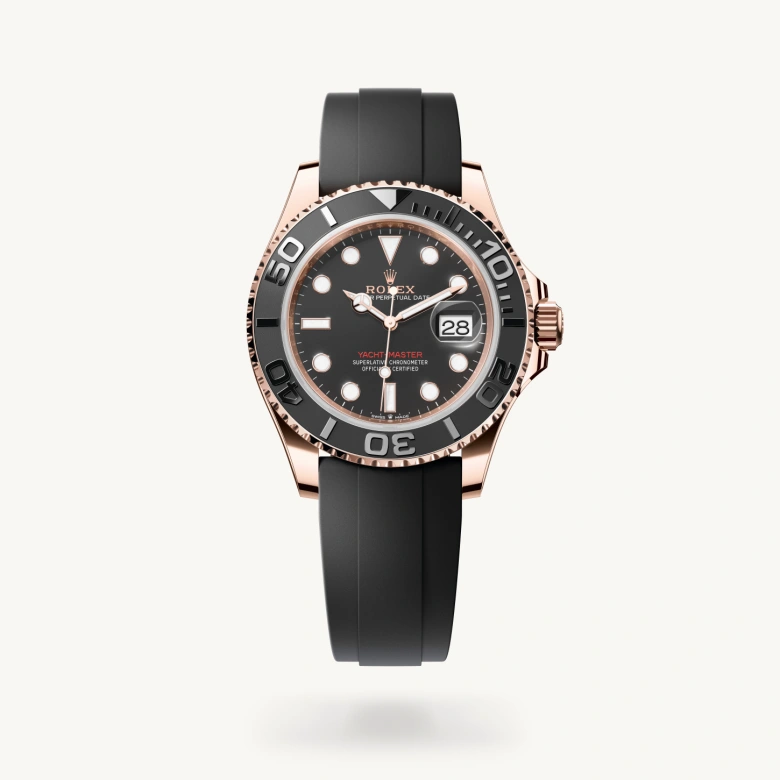 Rolex Yacht-Master 40 in 18 ct Everose gold with Intense black dial, Bidirectional rotatable 60-minute graduated bezel with matt black Cerachrom insert in ceramic, polished raised numerals and graduations bezel, and Flexible metal blades overmoulded with high-performance elastomer bracelet