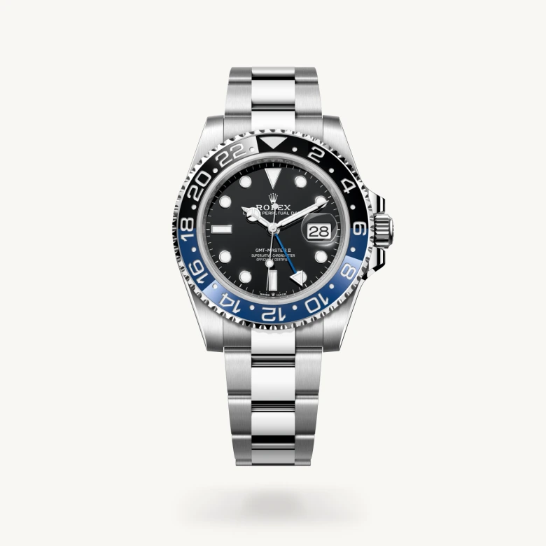 Rolex GMT-Master II in Oystersteel with Black dial, Bidirectional rotatable 24-hour graduated bezel. Two-colour blue and black Cerachrom insert in ceramic, moulded numerals and graduations bezel, and Oystersteel bracelet