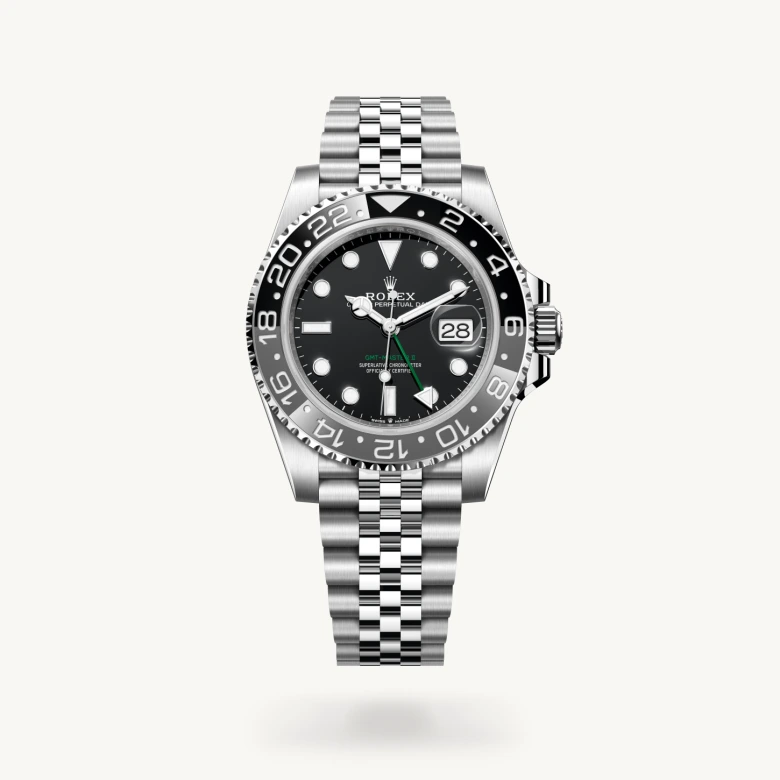 Rolex GMT-Master II in Oystersteel with Black dial, Bidirectional rotatable 24-hour graduated bezel. Two-colour grey and black Cerachrom insert in ceramic, moulded numerals and graduations bezel, and Oystersteel bracelet
