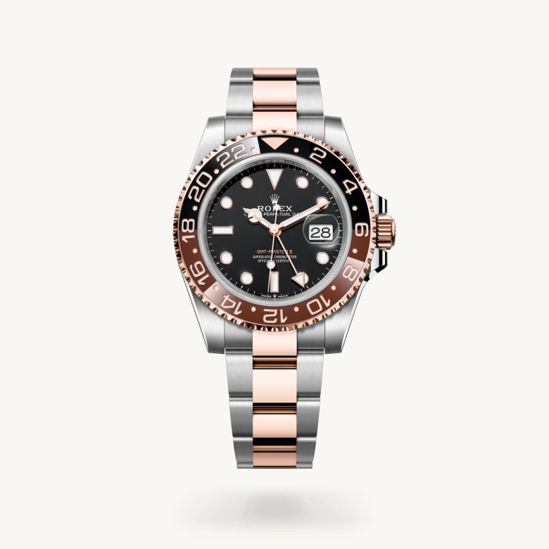 Rolex GMT-Master II in Everose Rolesor - combination of Oystersteel and Everose gold with Black dial, Bidirectional rotatable 24-hour graduated bezel. Two-colour brown and black Cerachrom insert in ceramic, moulded numerals and graduations bezel, and Everose Rolesor - combination of Oystersteel and Everose gold bracelet